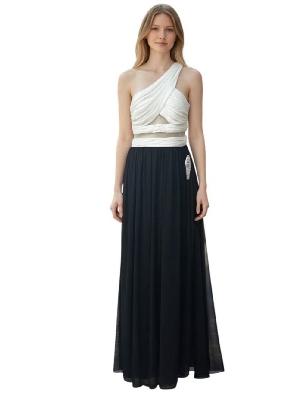 Blondies Nite One Shoulder Chiffon Prom Dress, Of White/Black, Sz. 7